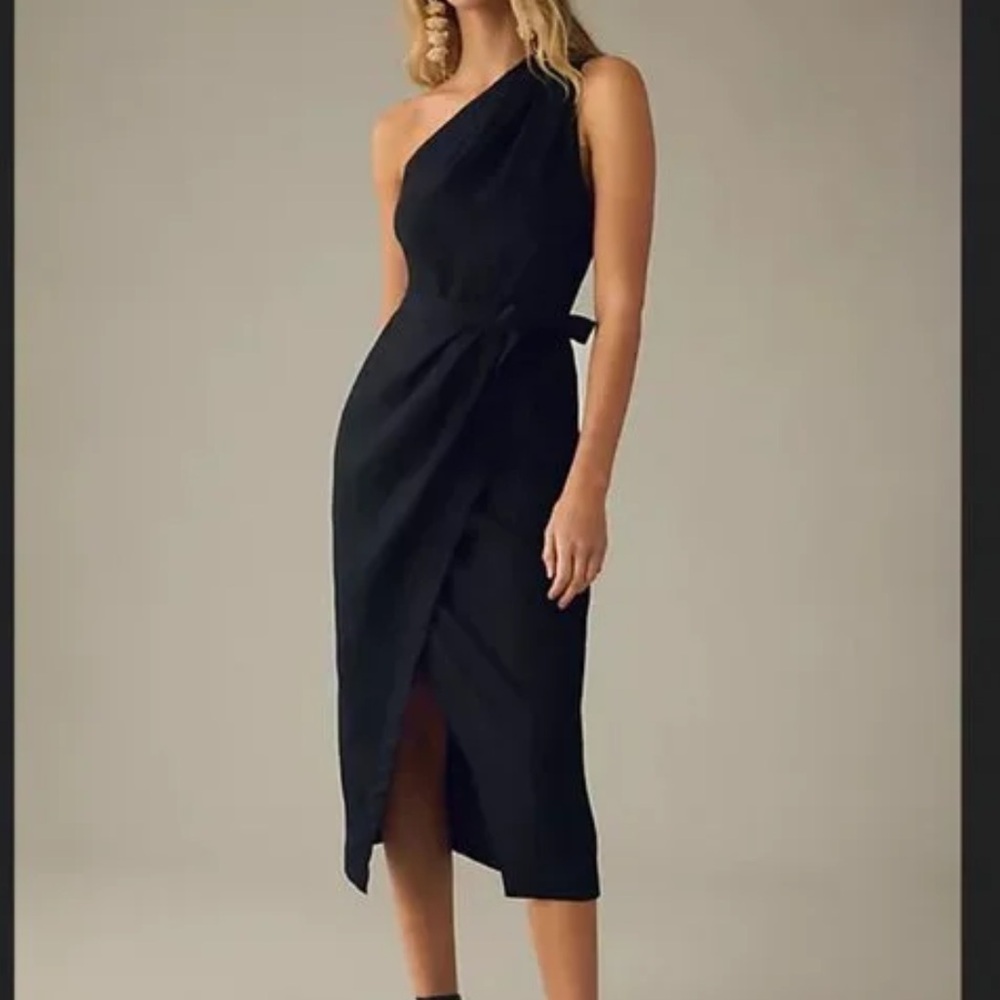 BY ANTHROPOLOGIE Women's One-Shoulder Side Zip Linen Dress Size US 8 In Black